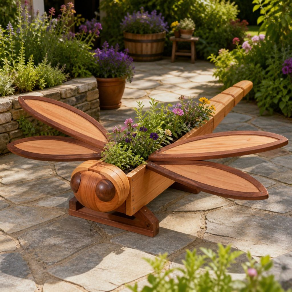 Two-Tone Cedar Dragonfly shown as a square photorealistic cedar dragonfly-shaped garden planter filled with flowers