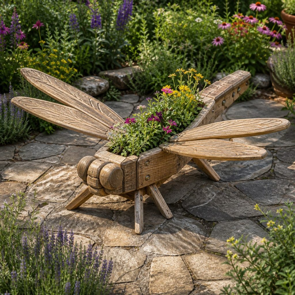 Weathered Cottage Dragonfly shown as a square photorealistic cedar dragonfly-shaped garden planter filled with flowers