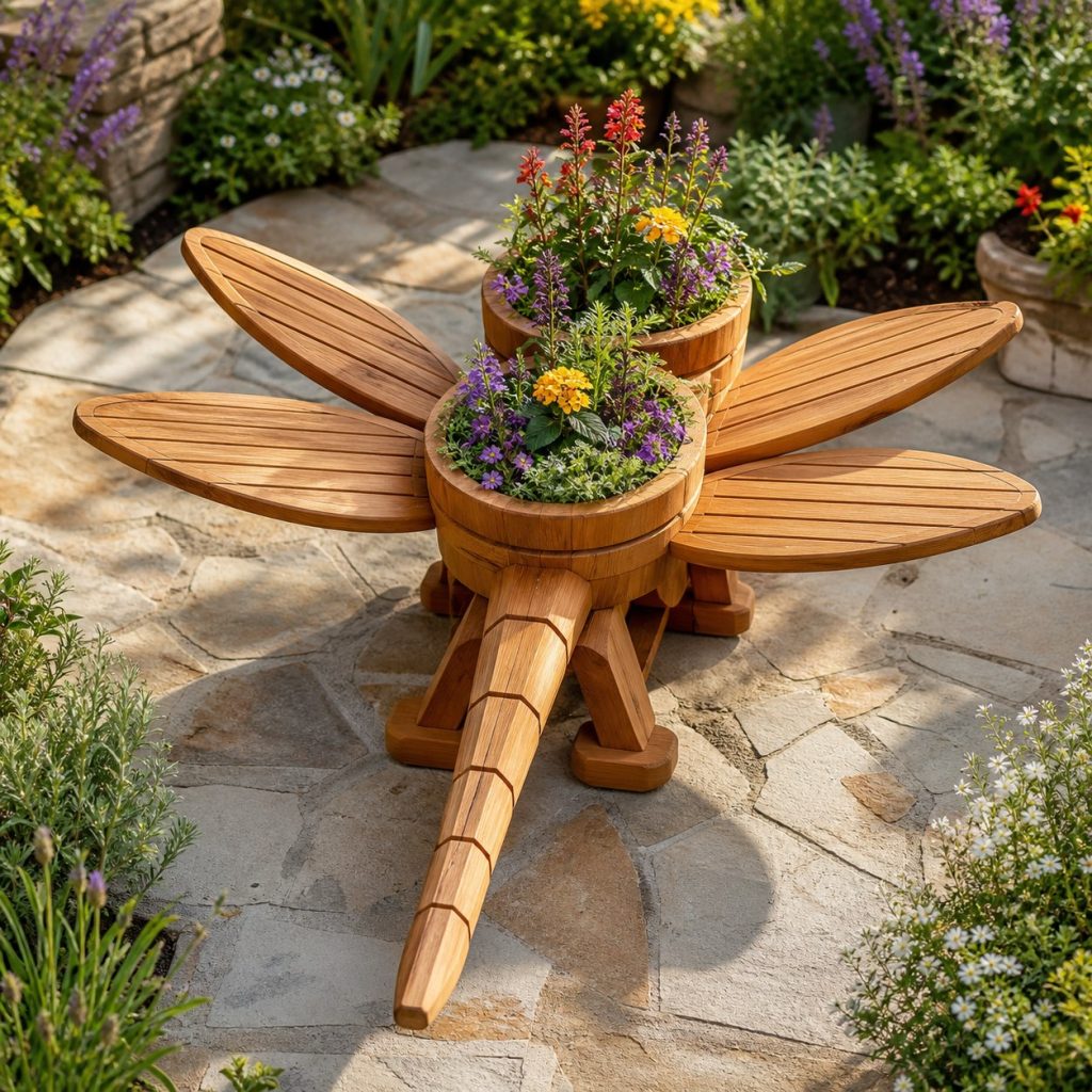 Dragonfly with Twin Flower Pots shown as a square photorealistic cedar dragonfly-shaped garden planter filled with flowers