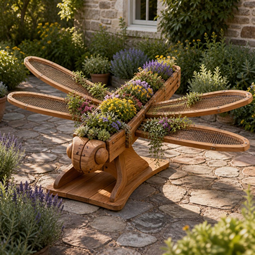 Trailing-Flower Dragonfly shown as a square photorealistic cedar dragonfly-shaped garden planter filled with flowers