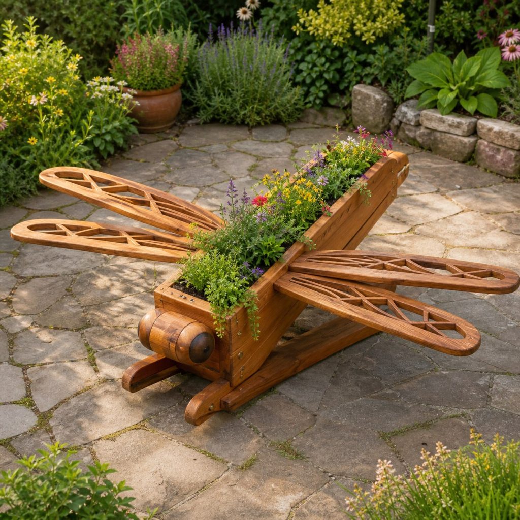 Large Grass-Filled Dragonfly shown as a square photorealistic cedar dragonfly-shaped garden planter filled with flowers