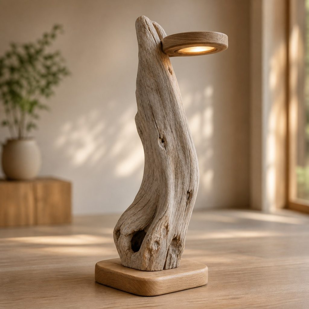 Vertical Driftwood Branch Lamp shown as an original square photorealistic driftwood lamp dominated by authentic wood texture and warm diffused light