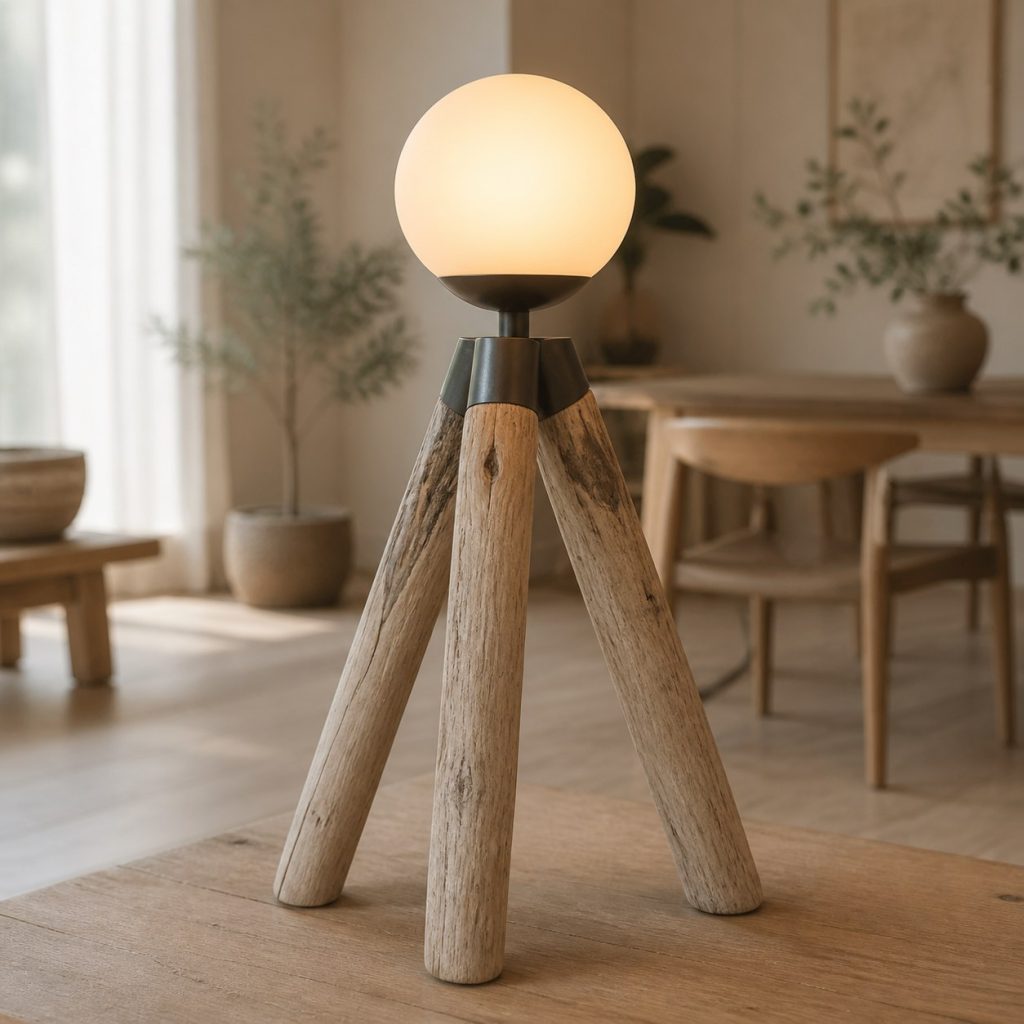 Driftwood Tripod Globe Lamp shown as an original square photorealistic driftwood lamp dominated by authentic wood texture and warm diffused light