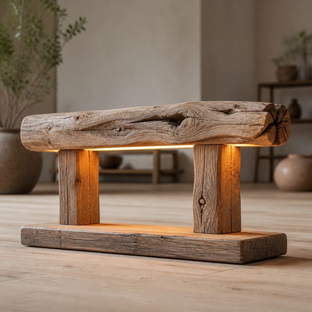Horizontal Driftwood Beam Lamp shown as an original square photorealistic driftwood lamp dominated by authentic wood texture and warm diffused light