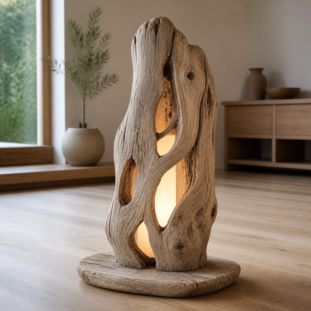 Driftwood Root Lantern shown as an original square photorealistic driftwood lamp dominated by authentic wood texture and warm diffused light