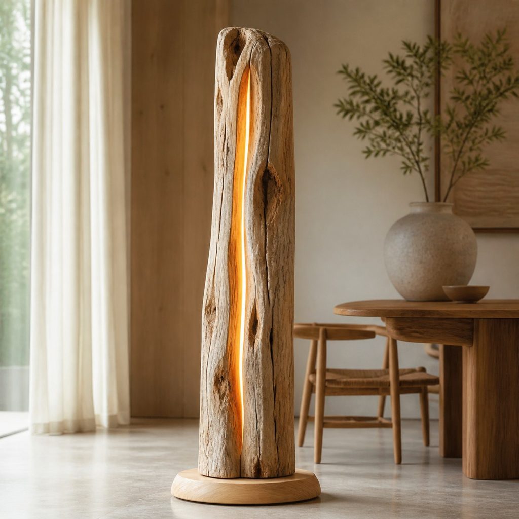 Tall Driftwood Floor Lamp shown as an original square photorealistic driftwood lamp dominated by authentic wood texture and warm diffused light
