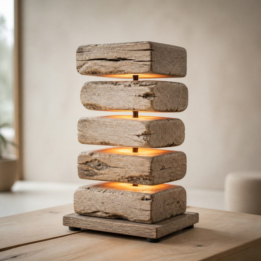 Stacked Driftwood Block Lamp shown as an original square photorealistic driftwood lamp dominated by authentic wood texture and warm diffused light
