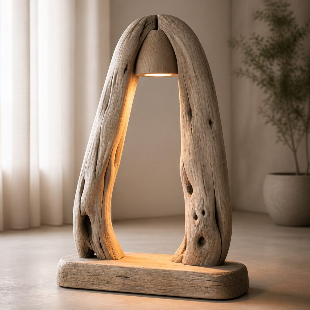 Matched Driftwood Arch Lamp shown as an original square photorealistic driftwood lamp dominated by authentic wood texture and warm diffused light