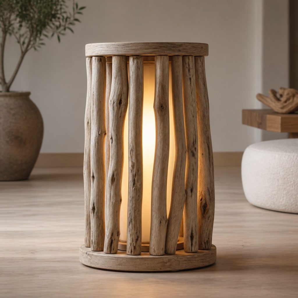Driftwood Cage Lantern shown as an original square photorealistic driftwood lamp dominated by authentic wood texture and warm diffused light