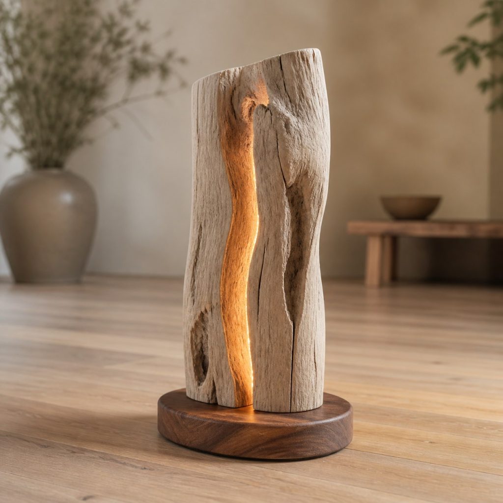 Driftwood and Walnut Accent Lamp shown as an original square photorealistic driftwood lamp dominated by authentic wood texture and warm diffused light