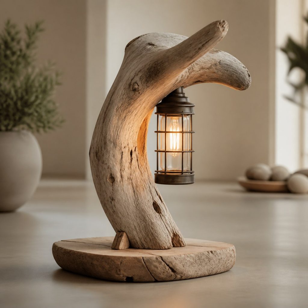 Low Driftwood Fork Lamp shown as an original square photorealistic driftwood lamp dominated by authentic wood texture and warm diffused light
