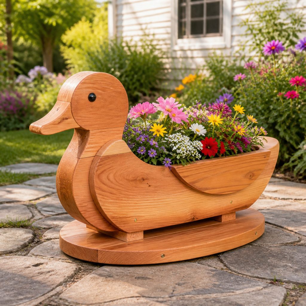 Low Floating-Duck Flower Bed shown as a square photorealistic cedar garden planter filled with cottage flowers
