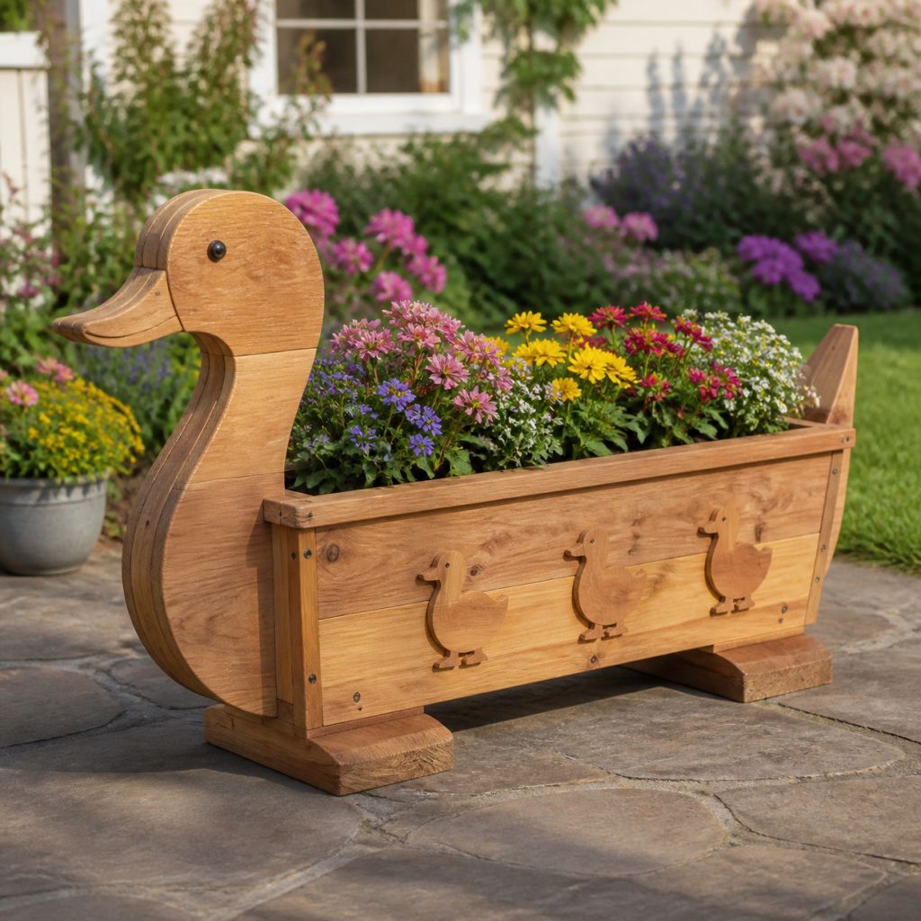Mother Duck with Duckling Panels shown as a square photorealistic cedar garden planter filled with cottage flowers