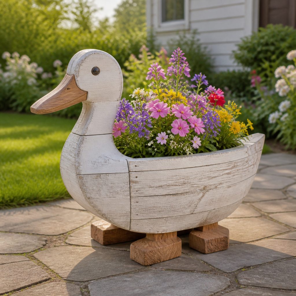 Whitewashed Farm Duck shown as a square photorealistic cedar garden planter filled with cottage flowers