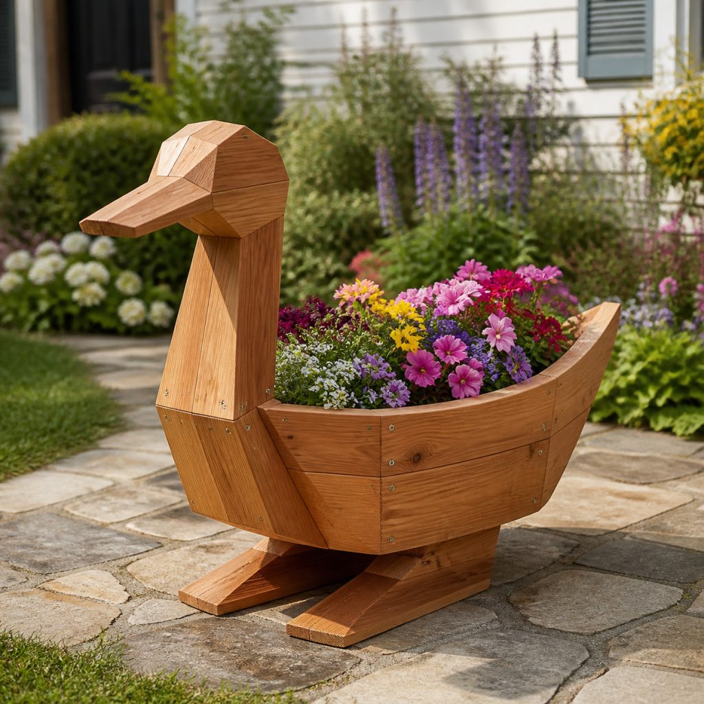 Modern Geometric Cedar Duck shown as a square photorealistic cedar garden planter filled with cottage flowers