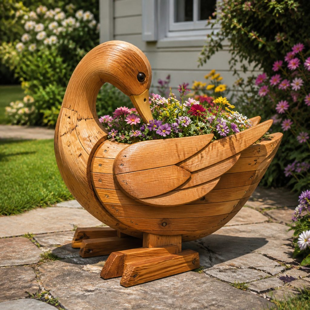 Preening Duck Flower Planter shown as a square photorealistic cedar garden planter filled with cottage flowers