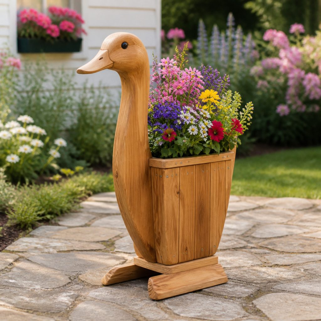 Tall Runner Duck Planter shown as a square photorealistic cedar garden planter filled with cottage flowers