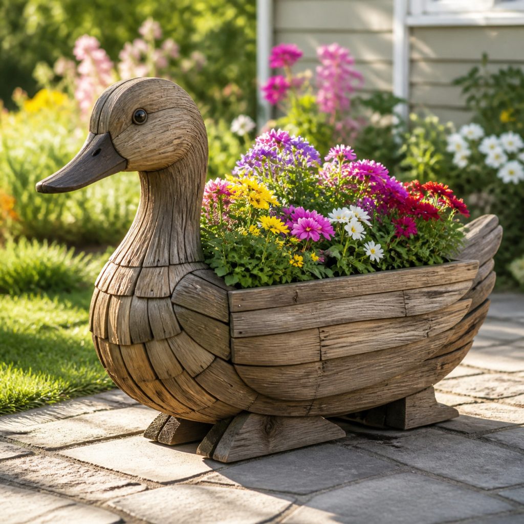 Weathered Pond-Garden Duck shown as a square photorealistic cedar garden planter filled with cottage flowers