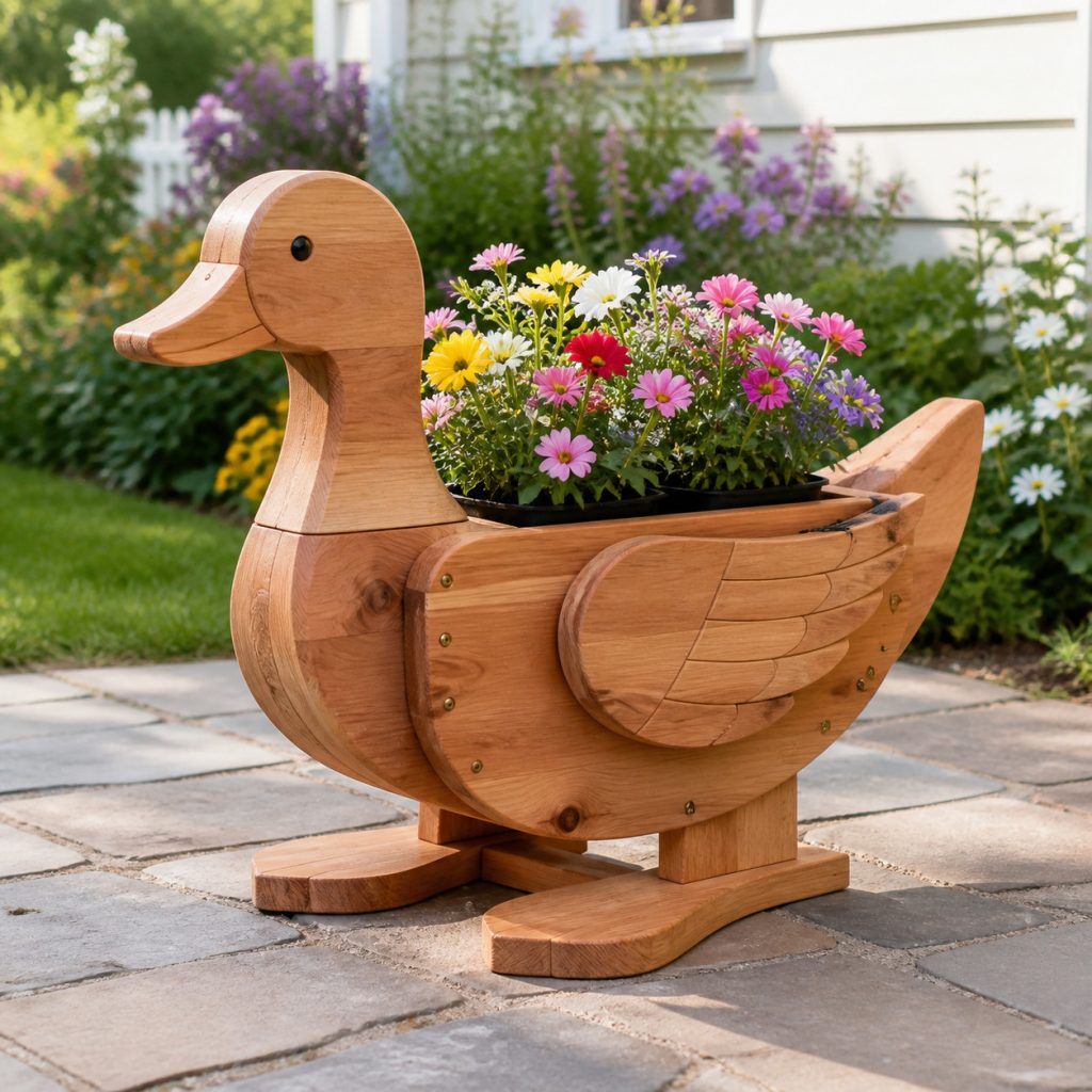 Rounded Wing-Pot Duck shown as a square photorealistic cedar garden planter filled with cottage flowers