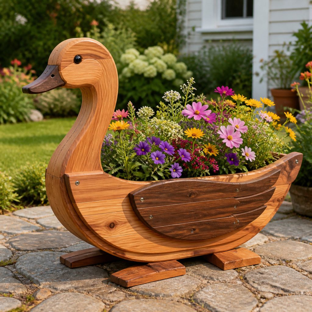 Elegant Laminated-Neck Duck shown as a square photorealistic cedar garden planter filled with cottage flowers
