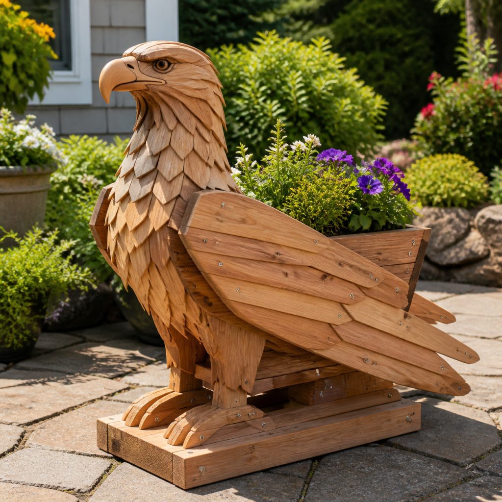Classic Folded-Wing Eagle shown as a square photorealistic cedar garden planter filled with cottage flowers