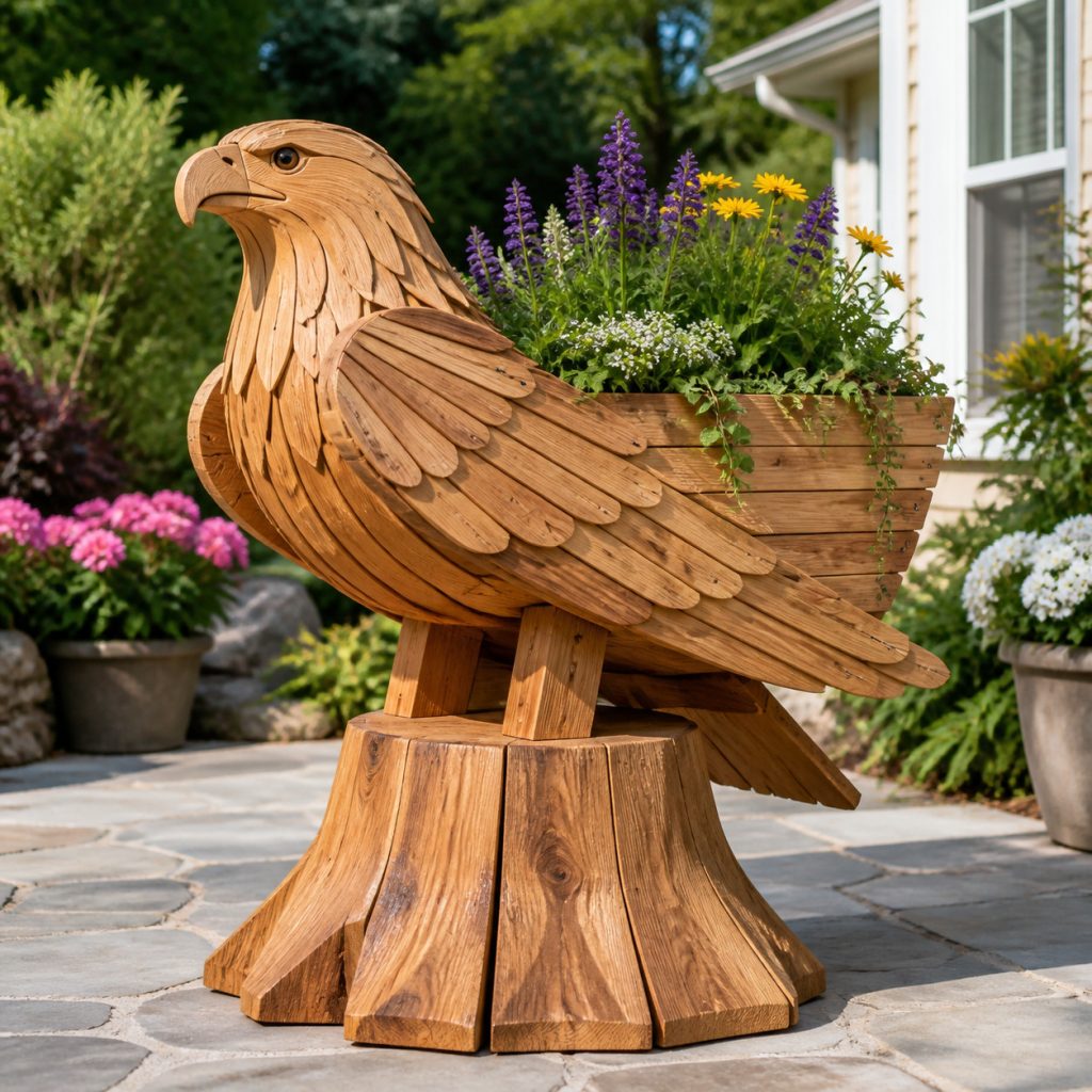 Compact Eagle Pot Holder shown as a square photorealistic cedar garden planter filled with cottage flowers