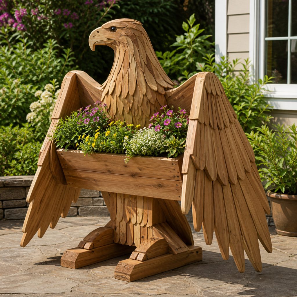 Layered-Feather Cedar Eagle shown as a square photorealistic cedar garden planter filled with cottage flowers