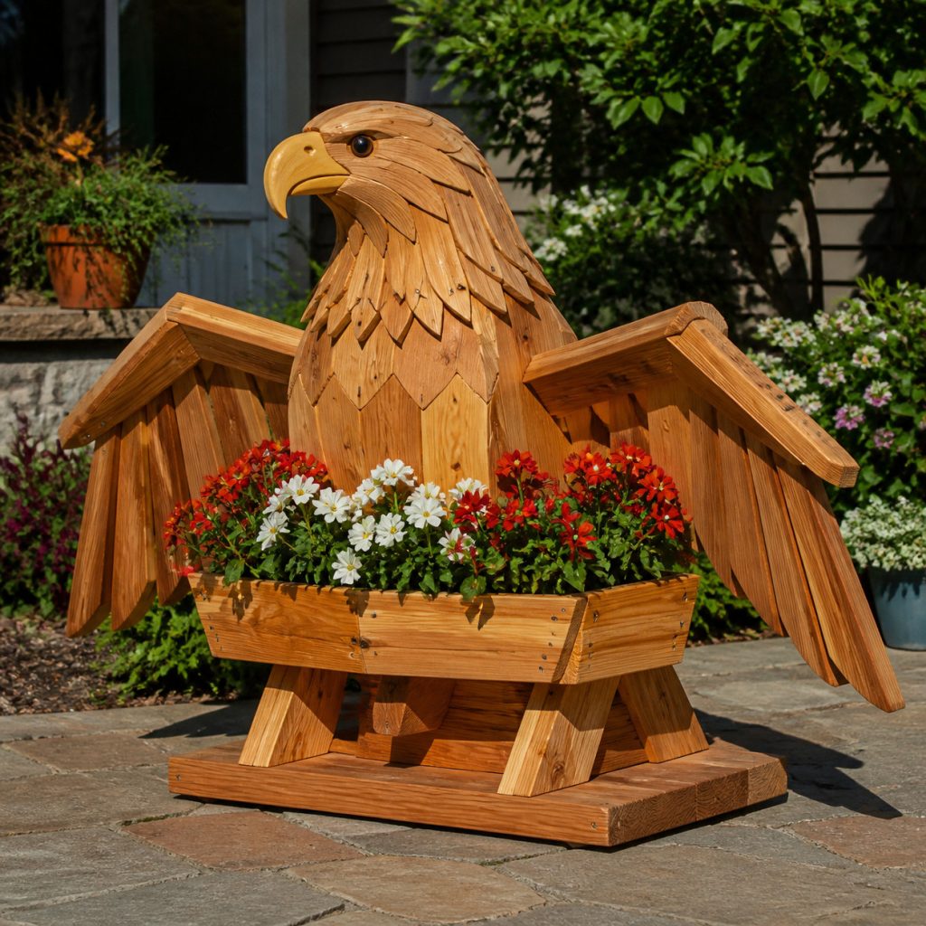 Eagle on Broad Perch Base shown as a square photorealistic cedar garden planter filled with cottage flowers