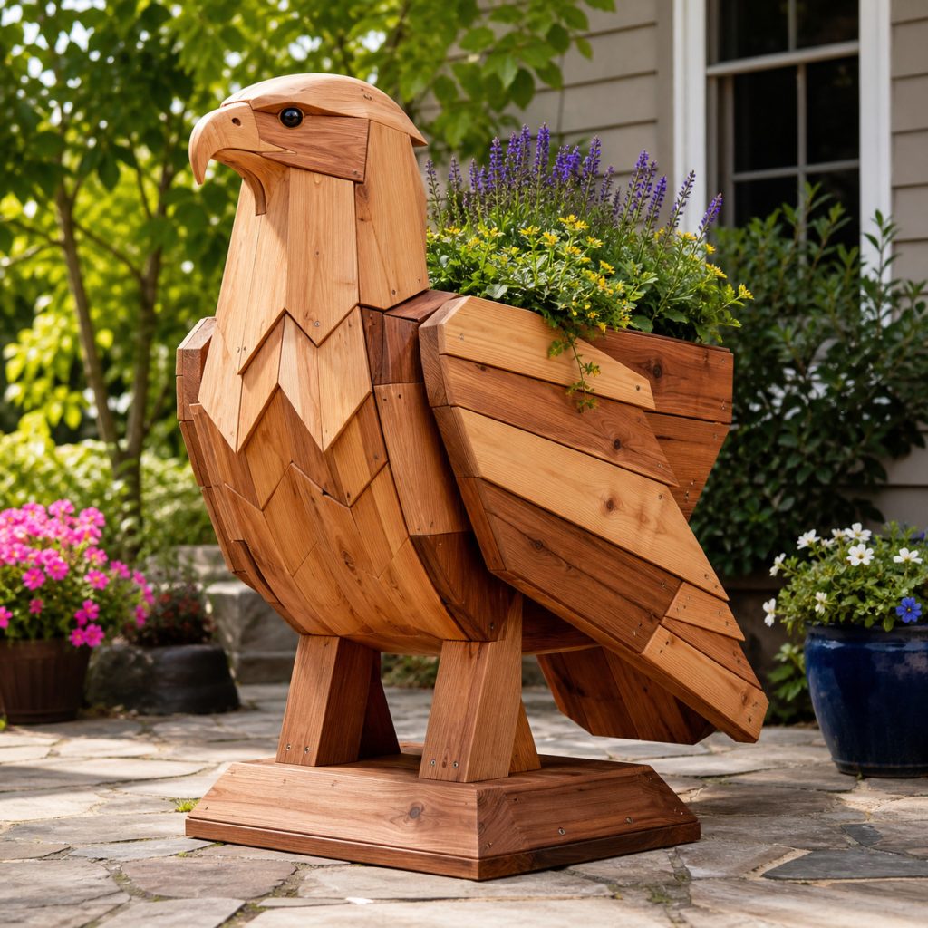 Modern Geometric Eagle shown as a square photorealistic cedar garden planter filled with cottage flowers