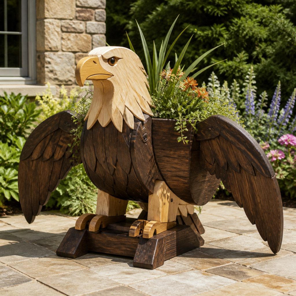 Two-Tone White-Head Eagle shown as a square photorealistic cedar garden planter filled with cottage flowers