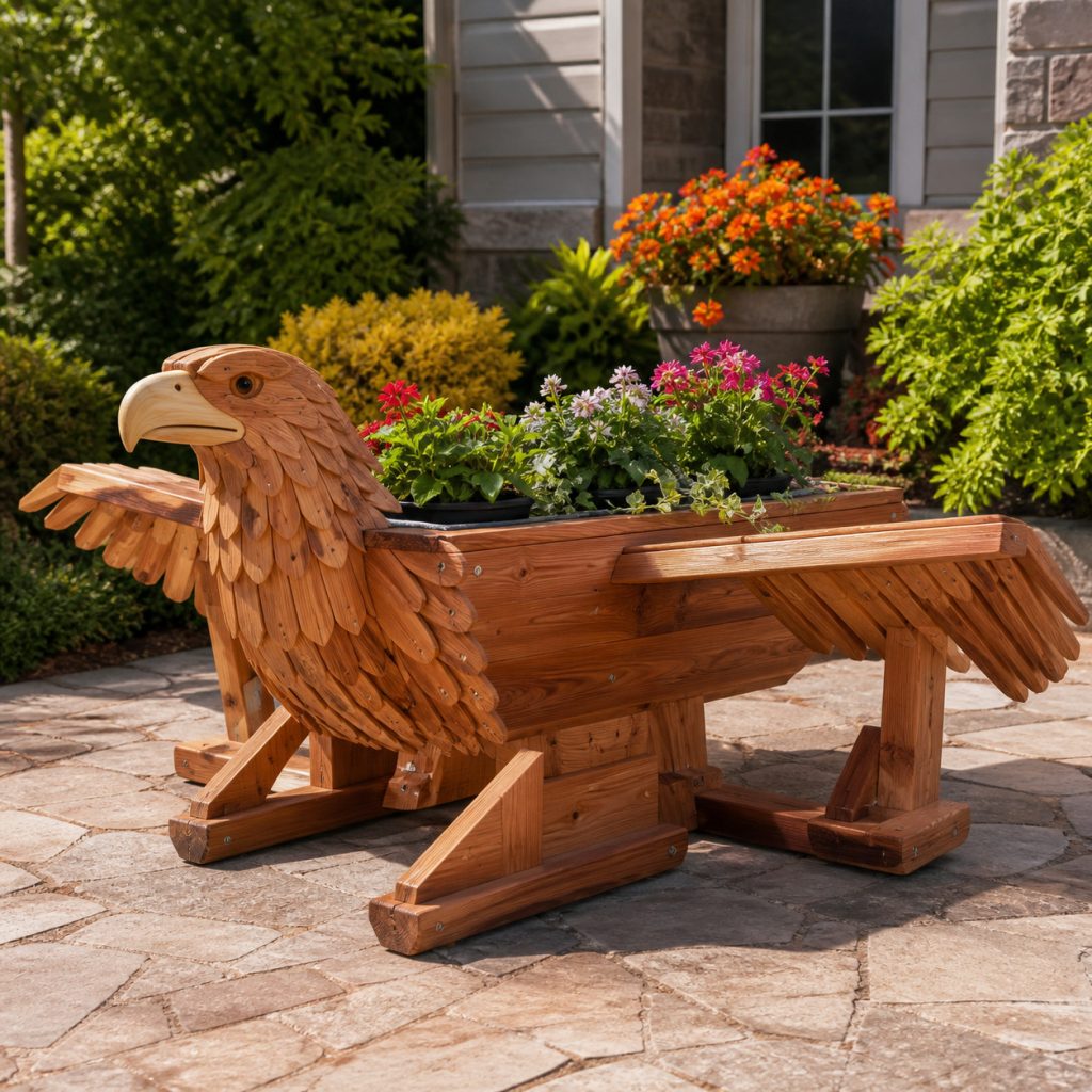 Low Wide-Wing Eagle Trough shown as a square photorealistic cedar garden planter filled with cottage flowers