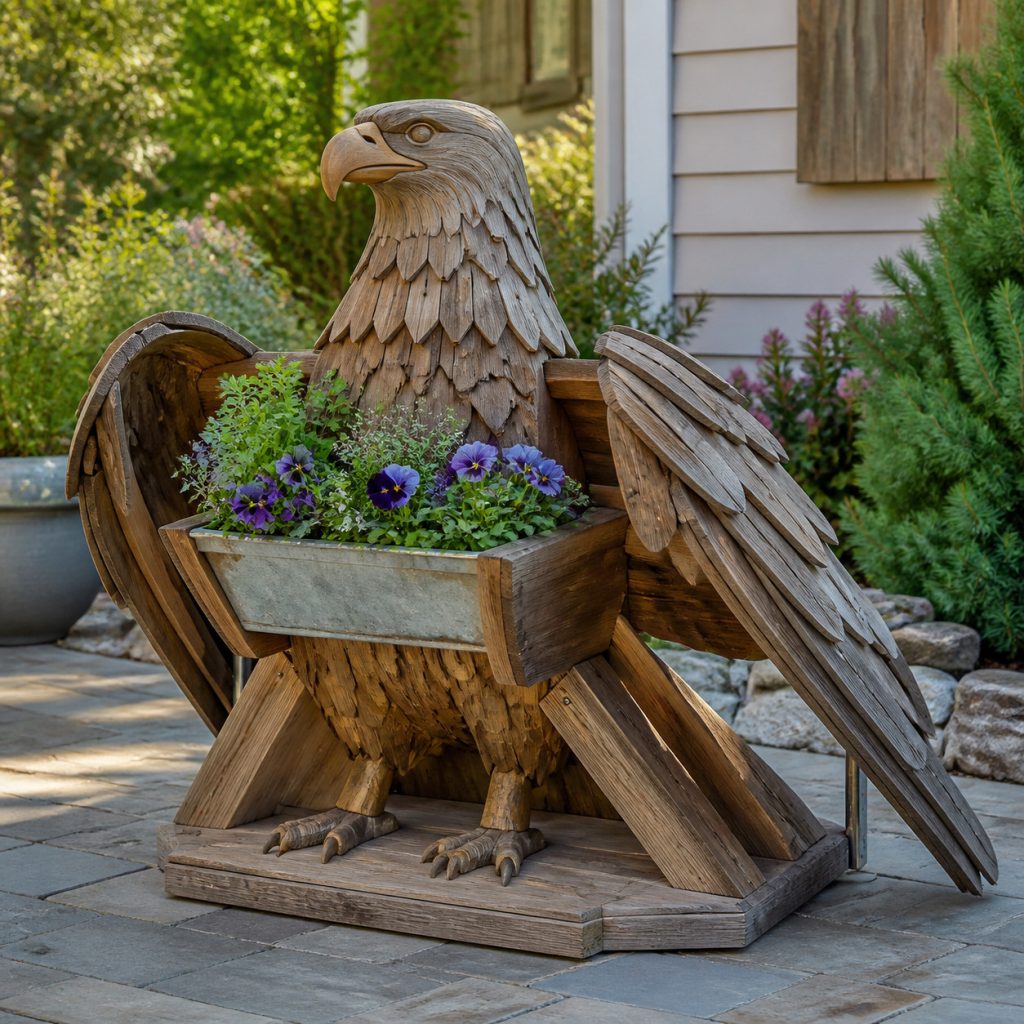 Weathered Garden Eagle shown as a square photorealistic cedar garden planter filled with cottage flowers
