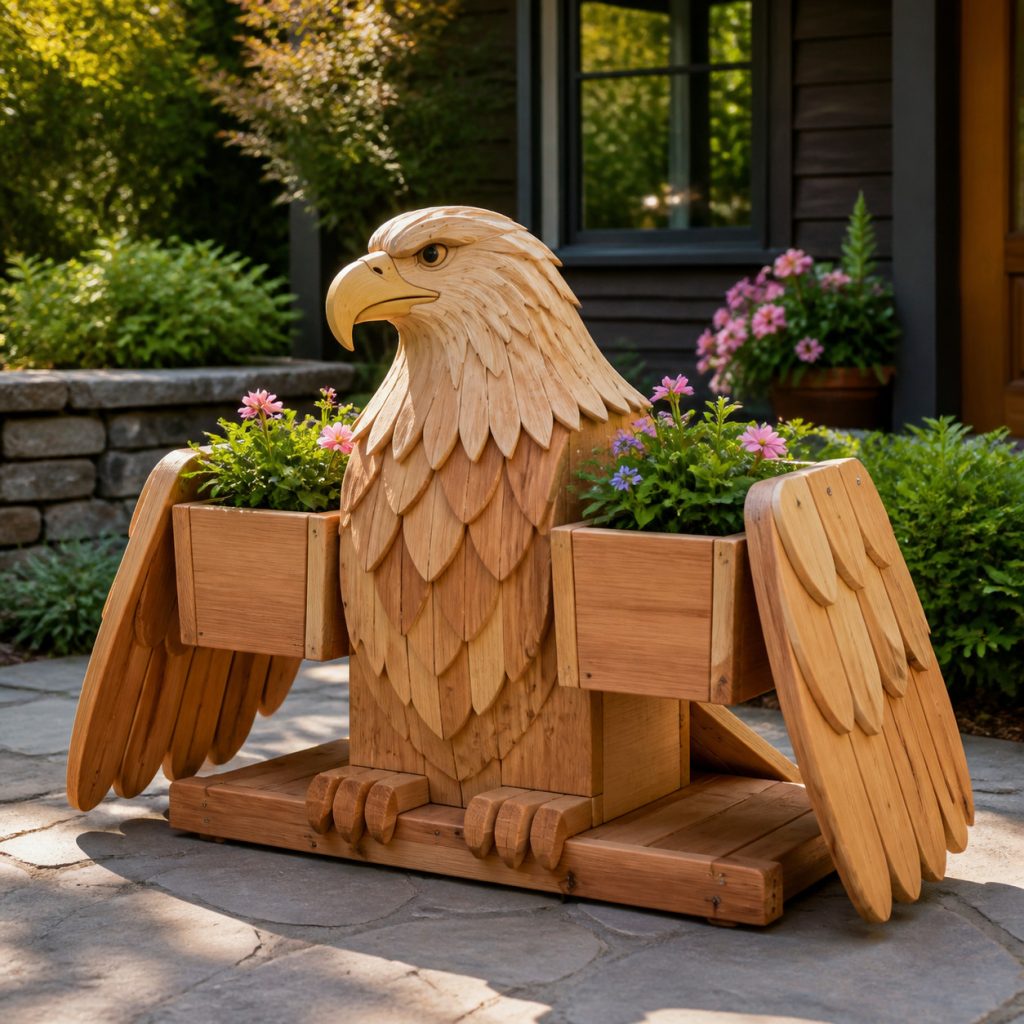 Eagle with Twin Flower Pots shown as a square photorealistic cedar garden planter filled with cottage flowers