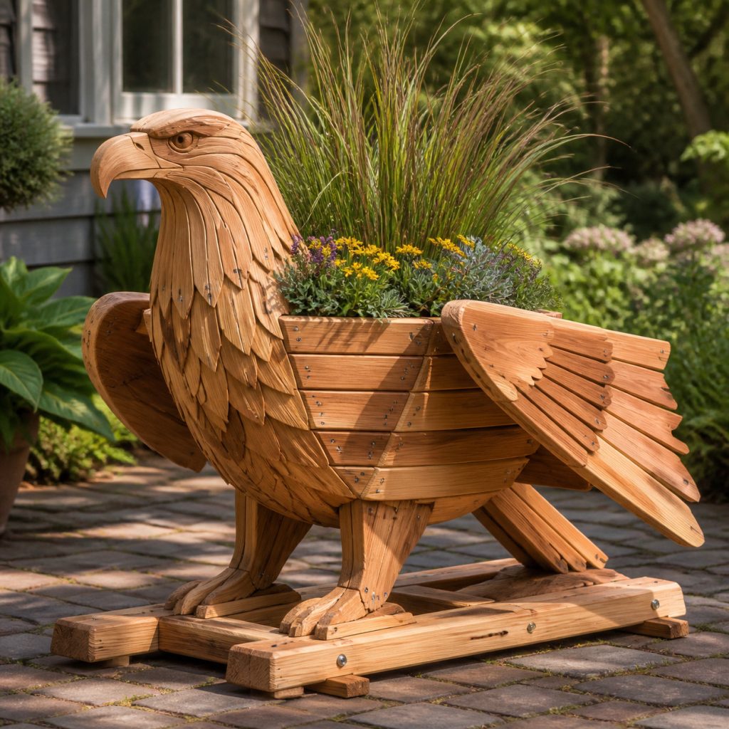 Bold Cedar Eagle on Rails shown as a square photorealistic cedar garden planter filled with cottage flowers