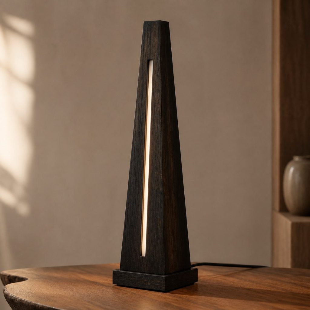 Ebony Obelisk Lamp shown as an original square photorealistic ebony wood lamp with natural near-black grain, distinctive construction, and warm diffused light