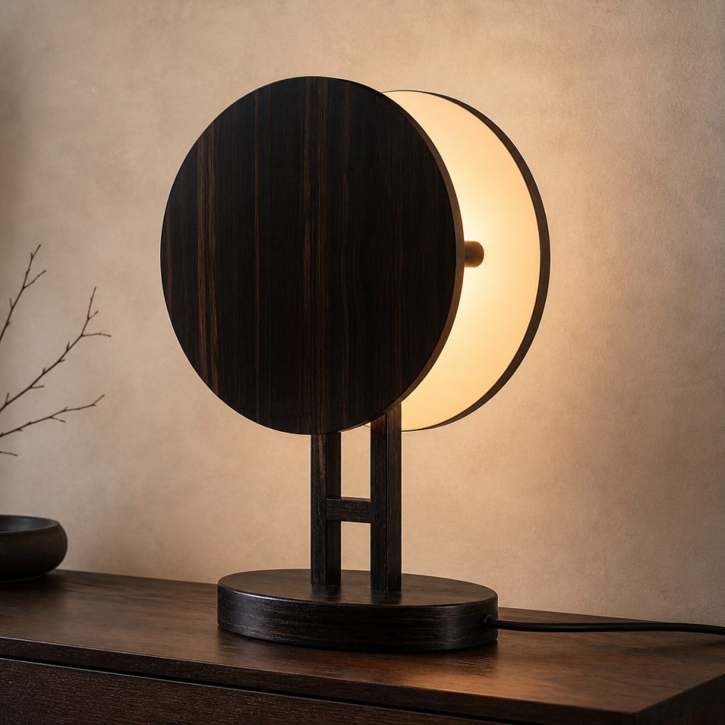 Ebony Eclipse Lamp shown as an original square photorealistic ebony wood lamp with natural near-black grain, distinctive construction, and warm diffused light