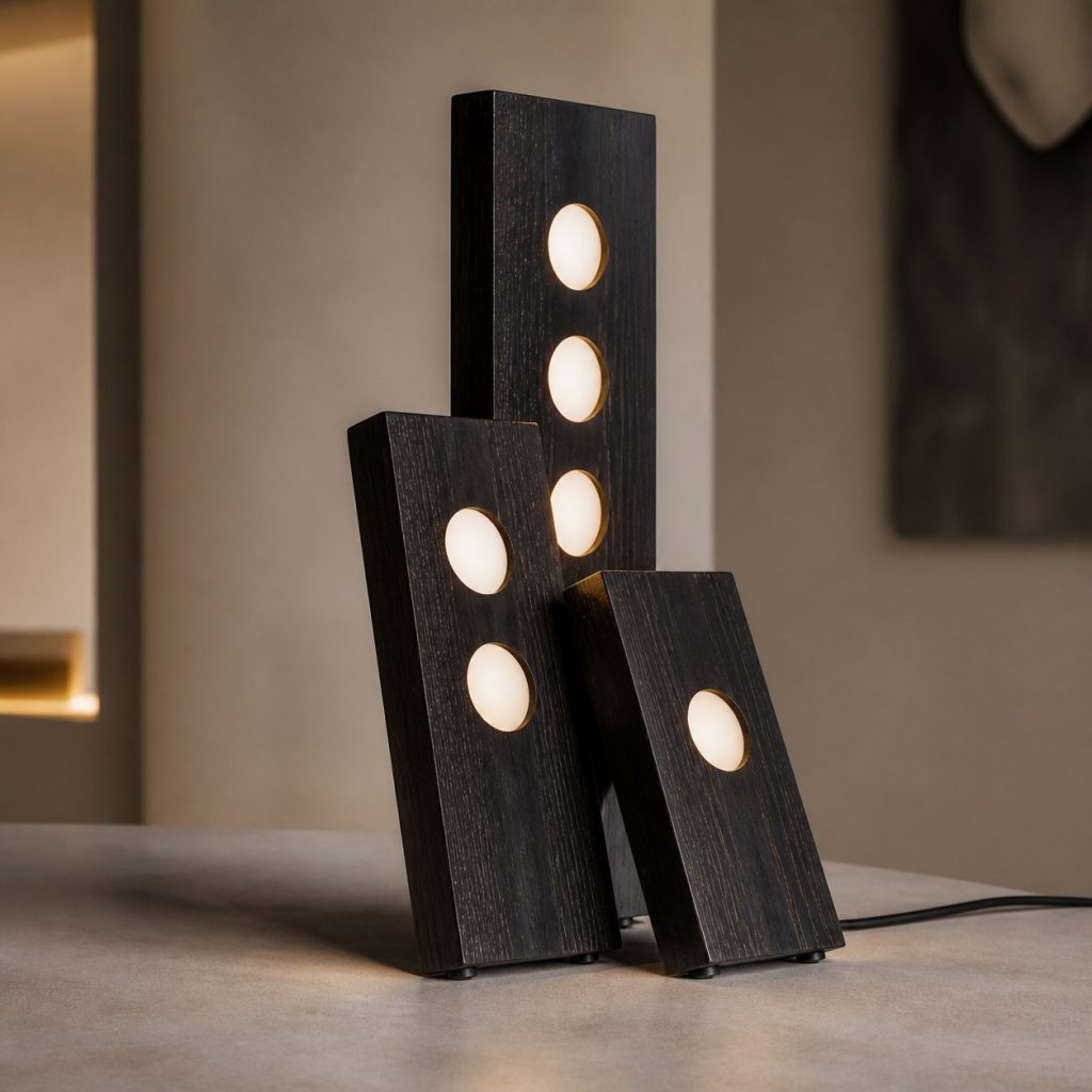 Ebony Domino Lamp shown as an original square photorealistic ebony wood lamp with natural near-black grain, distinctive construction, and warm diffused light