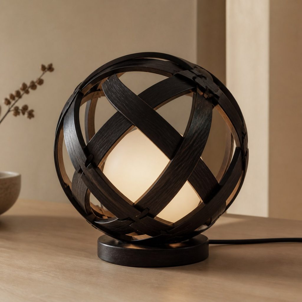 Ebony Lattice-Sphere Lamp shown as an original square photorealistic ebony wood lamp with natural near-black grain, distinctive construction, and warm diffused light