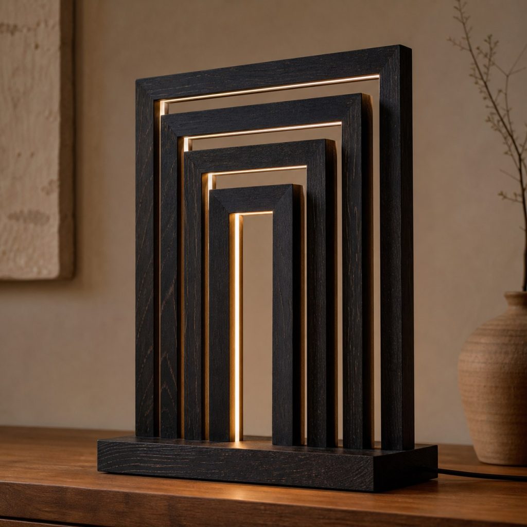 Ebony Nested-Frame Lamp shown as an original square photorealistic ebony wood lamp with natural near-black grain, distinctive construction, and warm diffused light