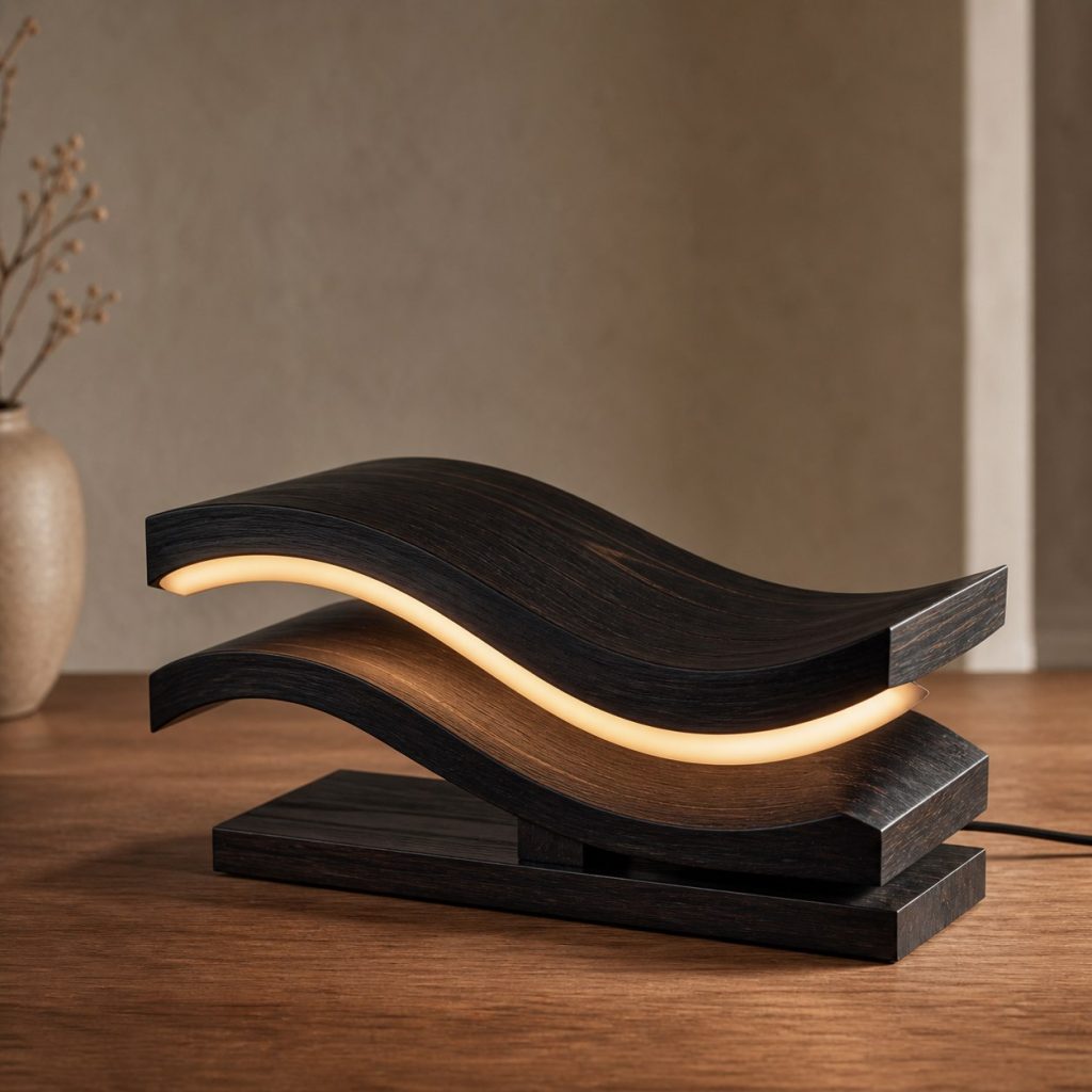 Ebony Double-Wave Lamp shown as an original square photorealistic ebony wood lamp with natural near-black grain, distinctive construction, and warm diffused light