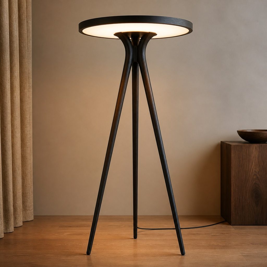 Ebony Gallery Tripod Lamp shown as an original square photorealistic ebony wood lamp with natural near-black grain, distinctive construction, and warm diffused light