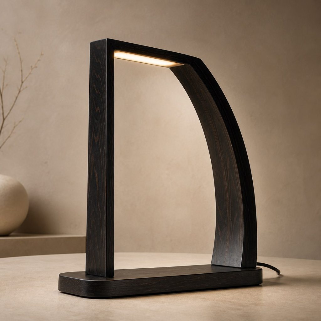 Ebony Asymmetric Portal Lamp shown as an original square photorealistic ebony wood lamp with natural near-black grain, distinctive construction, and warm diffused light