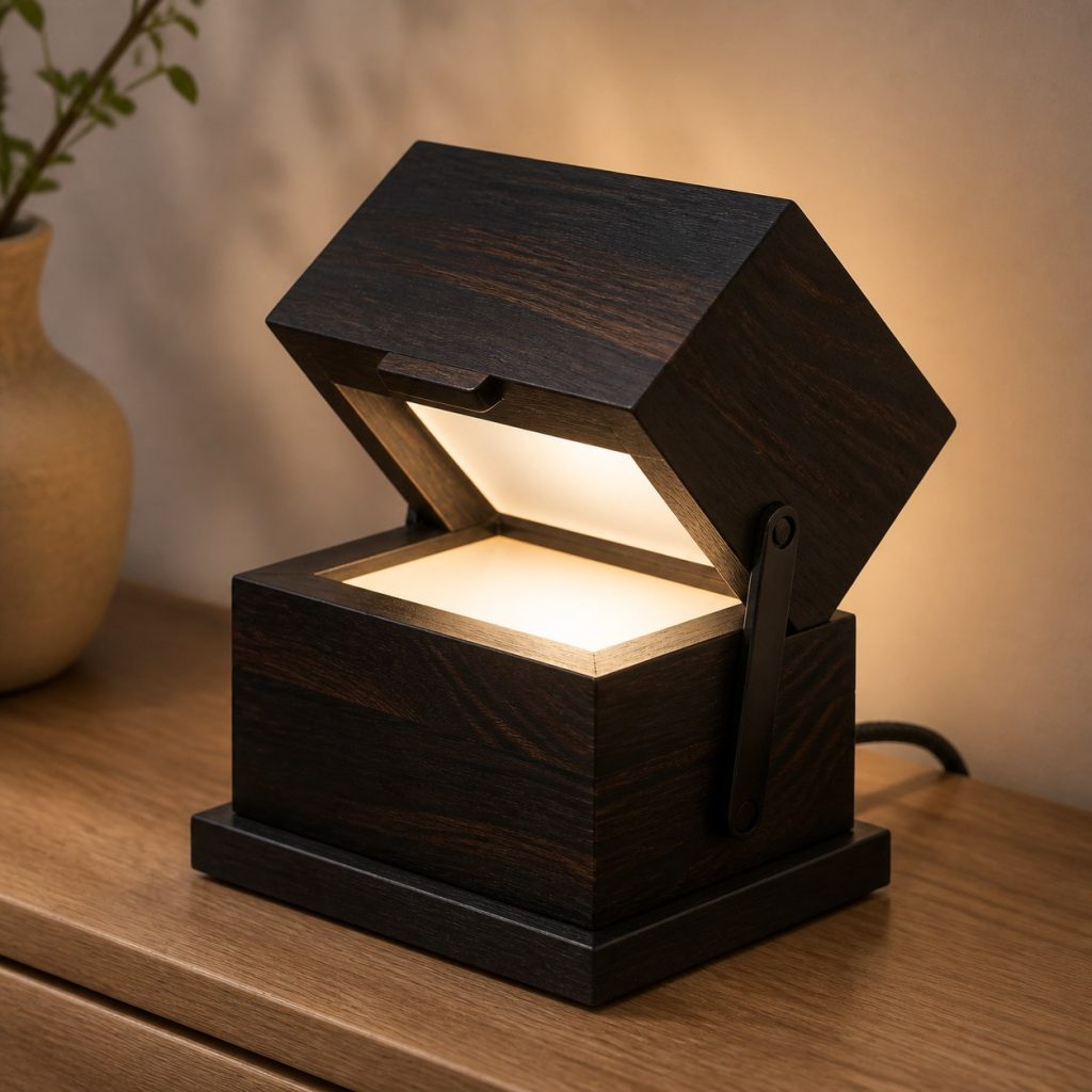 Ebony Jewel-Box Lamp shown as an original square photorealistic ebony wood lamp with natural near-black grain, distinctive construction, and warm diffused light