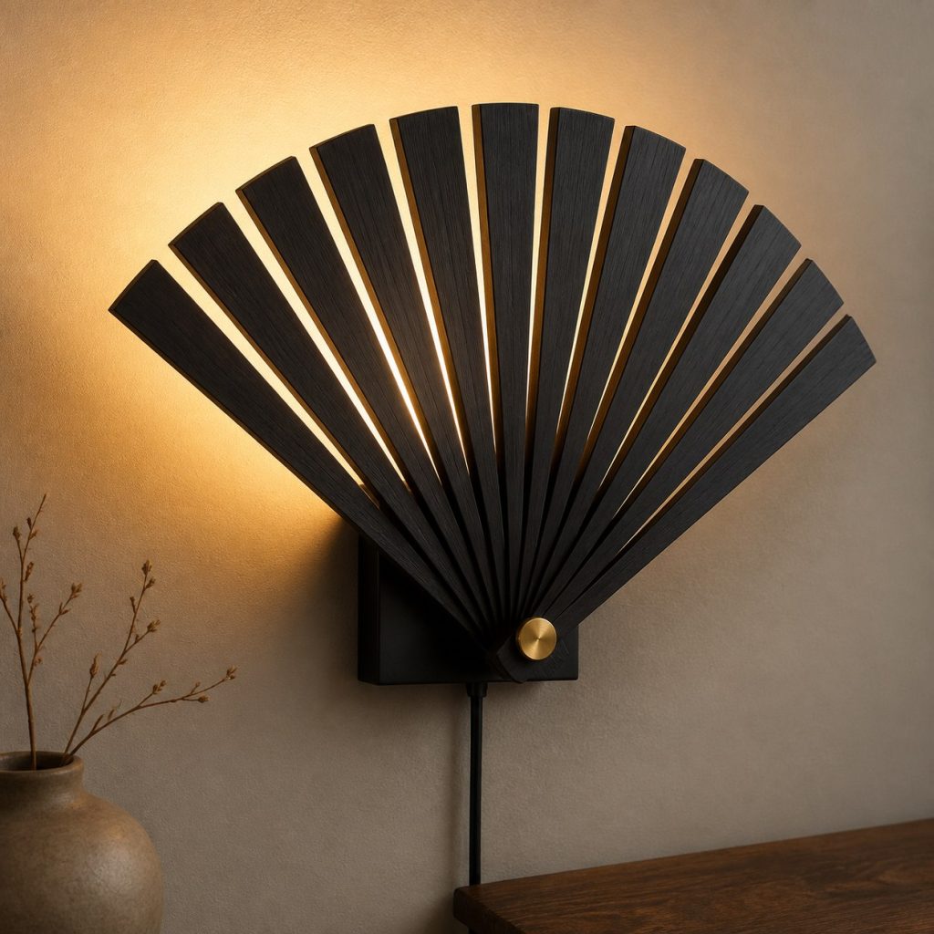 Ebony Radial Fan Sconce shown as an original square photorealistic ebony wood lamp with natural near-black grain, distinctive construction, and warm diffused light