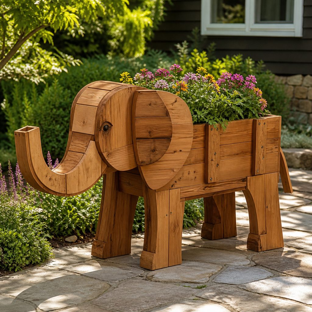 Classic Cedar Elephant Planter shown as a square photorealistic cedar garden planter filled with cottage flowers