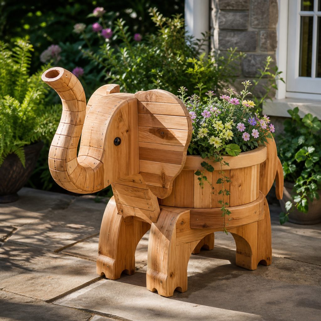 Compact Elephant Calf Pot shown as a square photorealistic cedar garden planter filled with cottage flowers