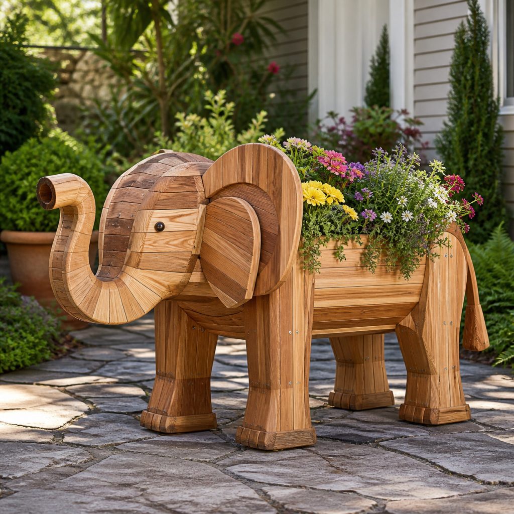 Layered-Ear Garden Elephant shown as a square photorealistic cedar garden planter filled with cottage flowers