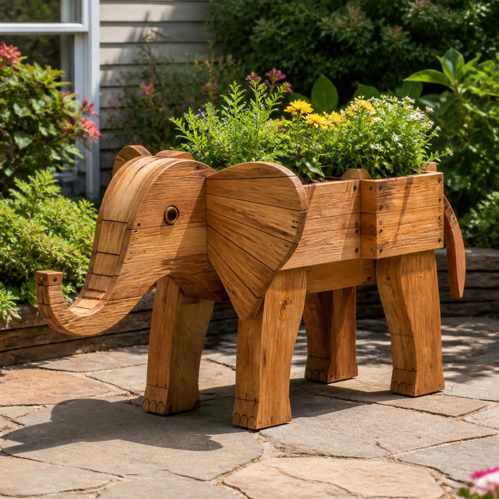 Elephant with Saddle Pots shown as a square photorealistic cedar garden planter filled with cottage flowers