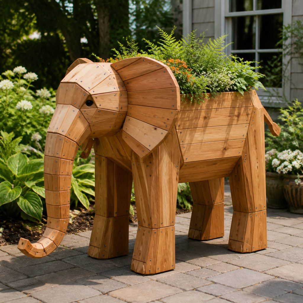 Modern Geometric Elephant shown as a square photorealistic cedar garden planter filled with cottage flowers