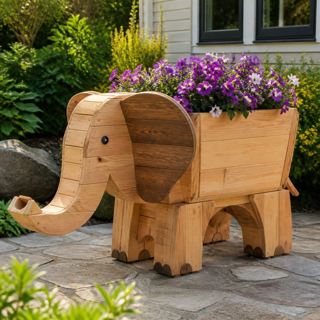 Two-Tone Cedar Elephant shown as a square photorealistic cedar garden planter filled with cottage flowers
